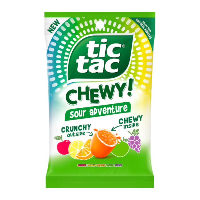 Front of Tic Tac Chewy Sour Adventure bag featuring green logo, vibrant fruity flavours, and crunchy outside with chewy inside (80g pack)