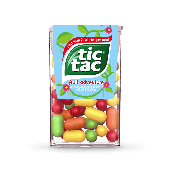 Front of a Tic Tac Fruit Adventure Flavour container showcasing the logo, colourful mints, and 29g pack size.