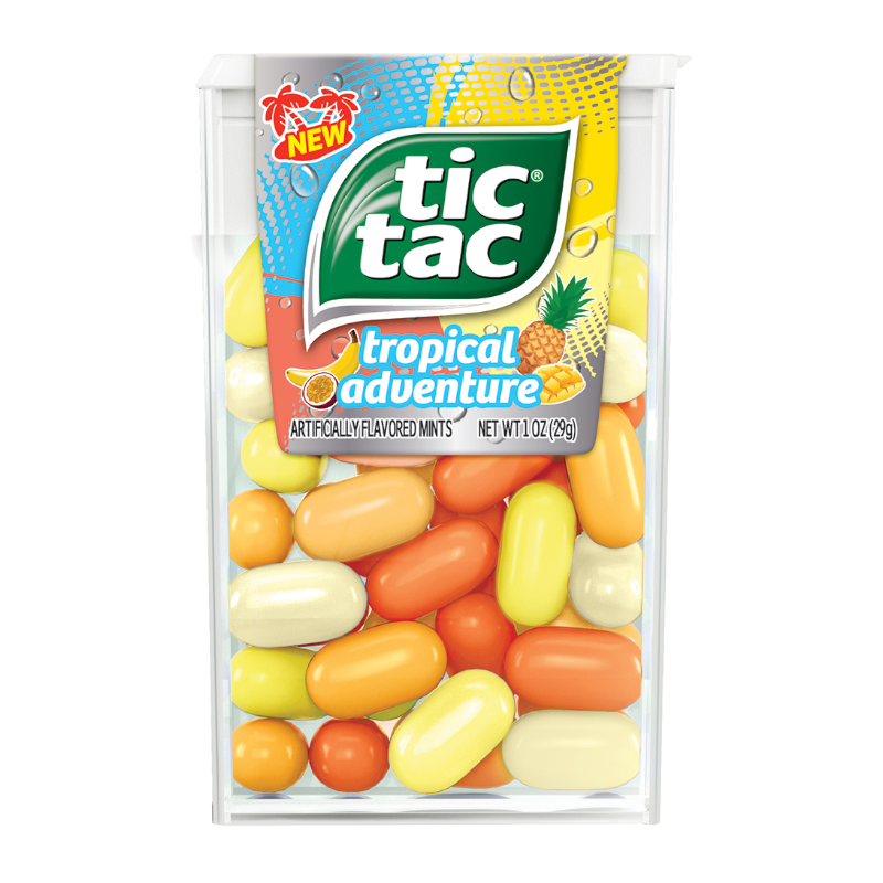 Front of Tic Tac Tropical Adventure pack displaying colourful fruity mints, bold logo, and tropical theme (29g)