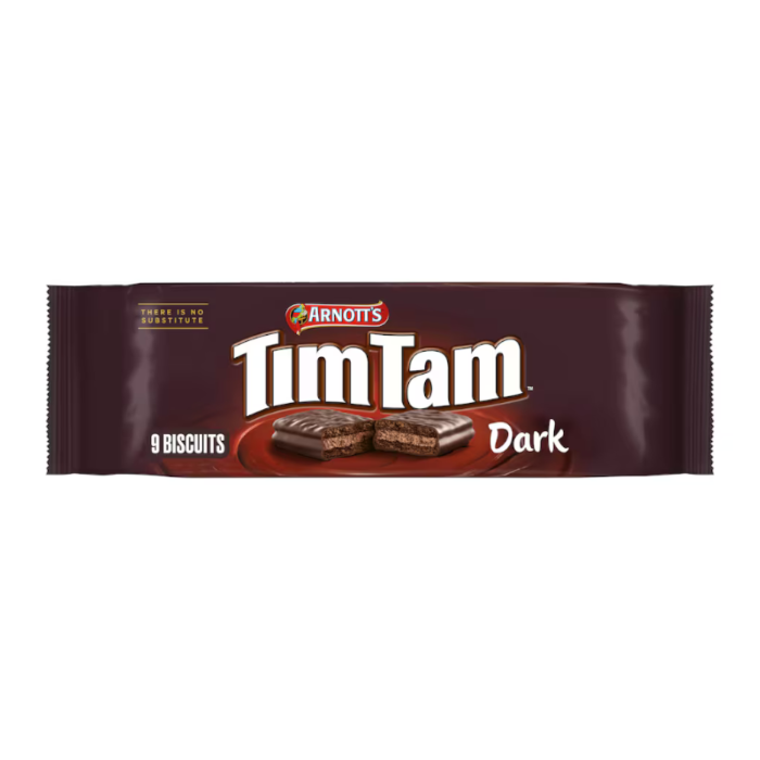 Front of Arnotts Tim Tam Dark Chocolate Biscuits pack showing the dark chocolate flavour, 9 biscuits, and brand logo (163g pack)