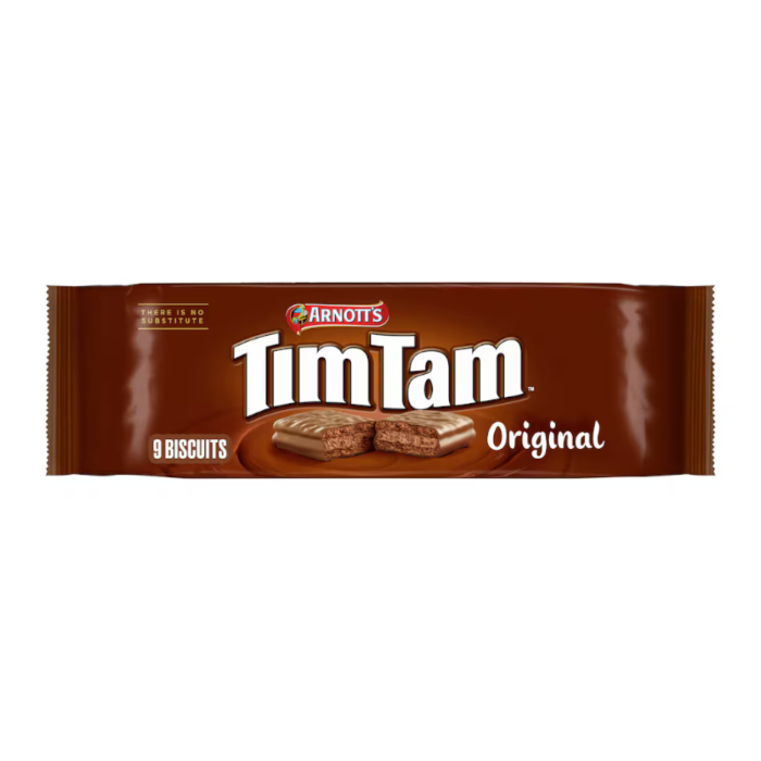 Front of Arnotts Tim Tam Original Biscuits pack showing logo, chocolate-coated biscuits, and text indicating 9 biscuits (163g pack)