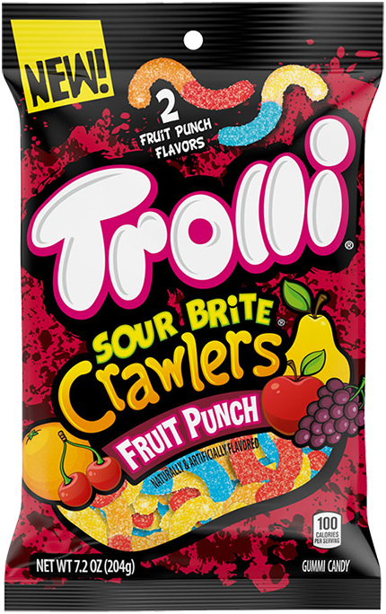 Front of Trolli Sour Brite Crawlers Fruit Punch bag displaying bold logo, colourful gummy worms, and fruit punch flavour label (141g pack)
