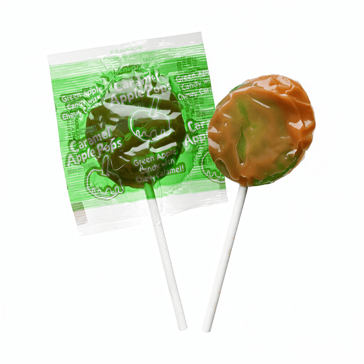 Front of Tootsie Caramel Apple Pop package showing green logo, caramel apple pop illustration, and 17g size label.