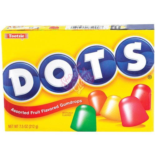 Front of Tootsie Dots Theatre Box showing vibrant logo, assorted fruit-flavoured gumdrops, and pack size (184g).