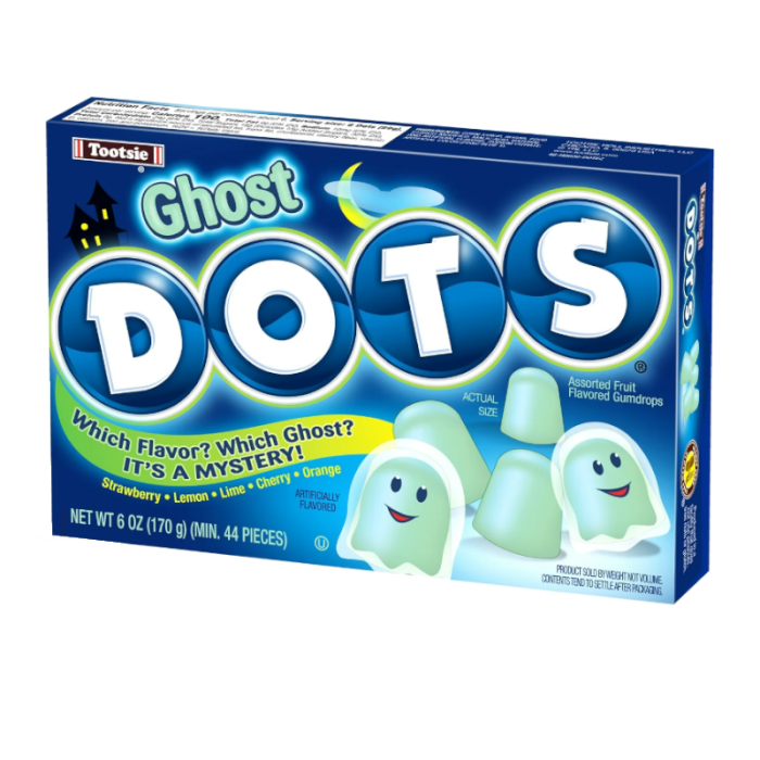 Front of Tootsie Ghost Dots box featuring assorted fruit-flavoured gumdrops in ghost shapes, with bright blue logo and 170g pack size