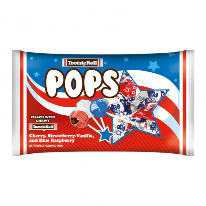 Front of Tootsie Roll Pops Patriotic Stars & Stripes bag showing red, white, and blue design, logo, and flavours cherry, strawberry-vanilla, and blue raspberry (255g pack)
