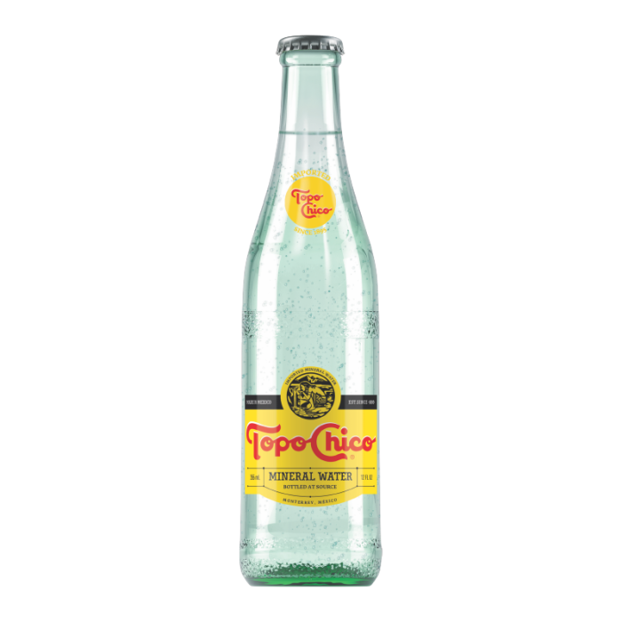 Front of Topo Chico Sparkling Mineral Water bottle showcasing the distinctive logo, sparkling water details, and 355ml size label.