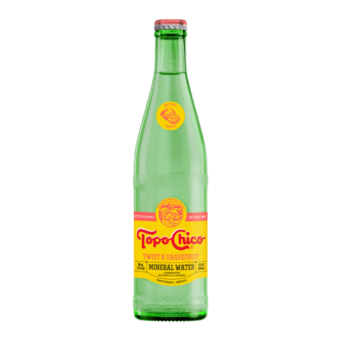 Front of Topo Chico Twist Of Grapefruit Sparkling Water bottle featuring vibrant label, grapefruit flavour indication, and 355ml size.