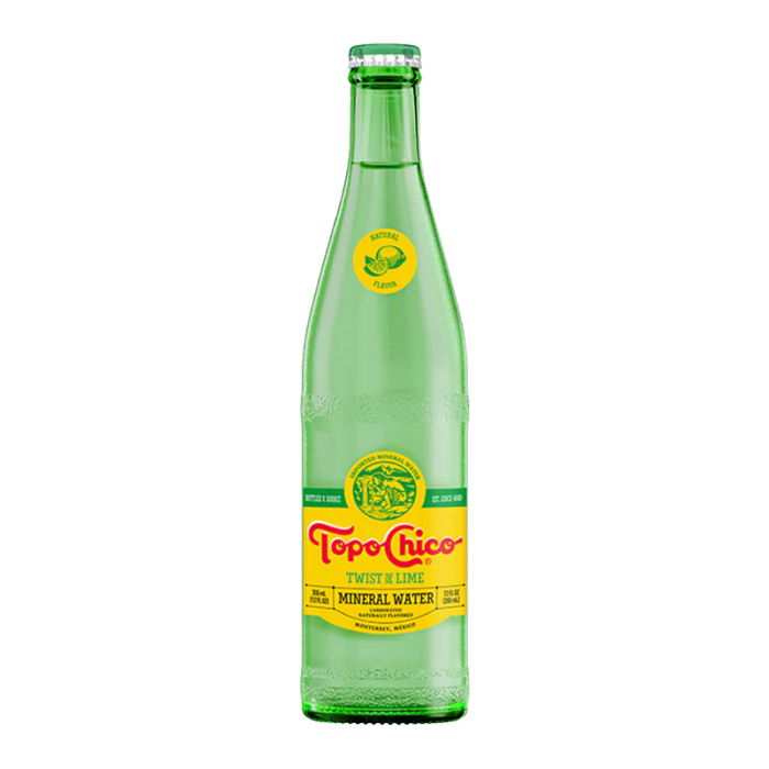 Front of Topo Chico Twist Of Lime Sparkling Water bottle showing bright yellow label with logo and lime flavour details (355ml bottle)
