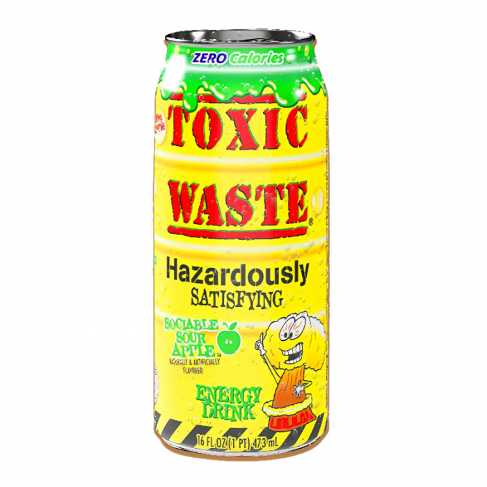 Front of Toxic Waste Sociable Sour Apple Energy Drink can showing bold red logo, green sour apple flavour label, and yellow design (473ml)