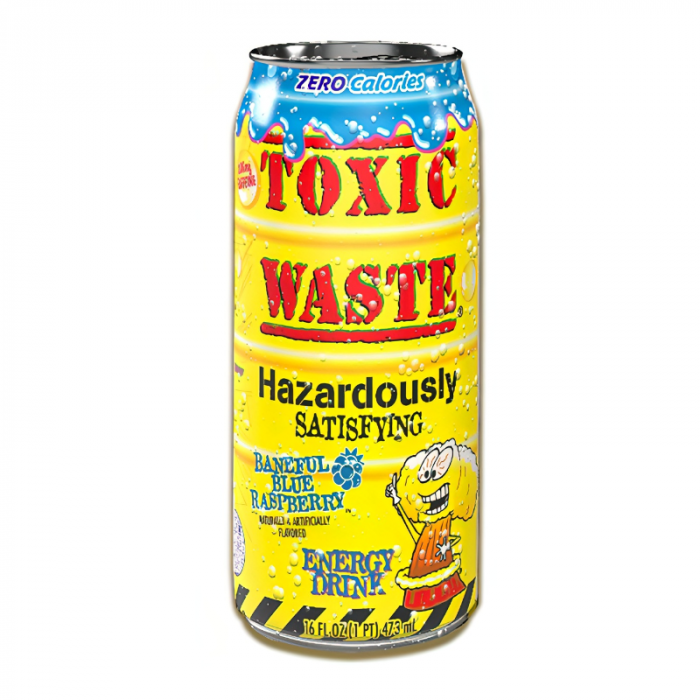 Front of Toxic Waste Baneful Sour Blue Raspberry Energy Drink can, featuring bold red and yellow design, blue raspberry flavour label, and 473ml size.