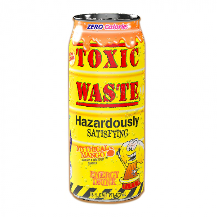 Front of Toxic Waste Mythical Sour Mango Energy Drink can featuring bold yellow label, mango flavour indication, and 473ml pack size.
