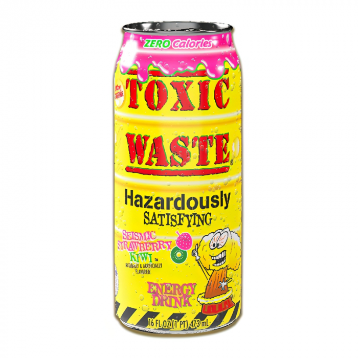 Front of Toxic Waste Seismic Sour Strawberry Kiwi Energy Drink can featuring bold logo, vibrant yellow design, and playful imagery with pack size of 473ml