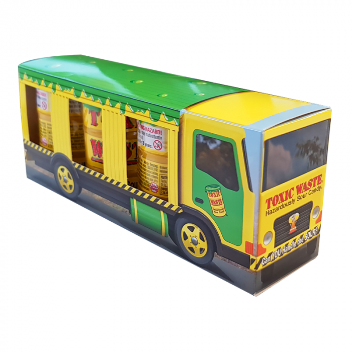 Front of Toxic Waste Yellow Drum Truck box displaying the vibrant truck design, brand name, and details about the sour candy 3-pack (126g)