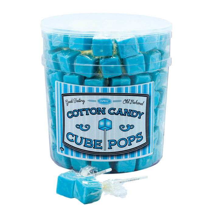 Front of a tub of Espeez Cotton Candy Cube Pops showing blue cubes with logo and text, 21g pack size included