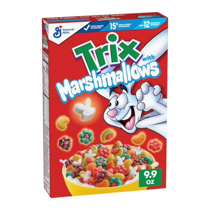 Front of Trix Marshmallows Cereal box featuring vibrant colours, playful marshmallow pieces, and fruity cereal in a bowl (279g pack)