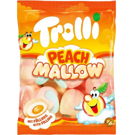 Front of Trolli Peach Marshmallows bag showing bright orange packaging, peach-flavoured marshmallows, and 150g pack size.