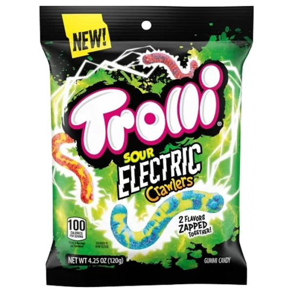Front of Trolli Sour Electric Crawlers bag showing brand logo, green and black lightning design, and colourful gummy worms (120g pack)