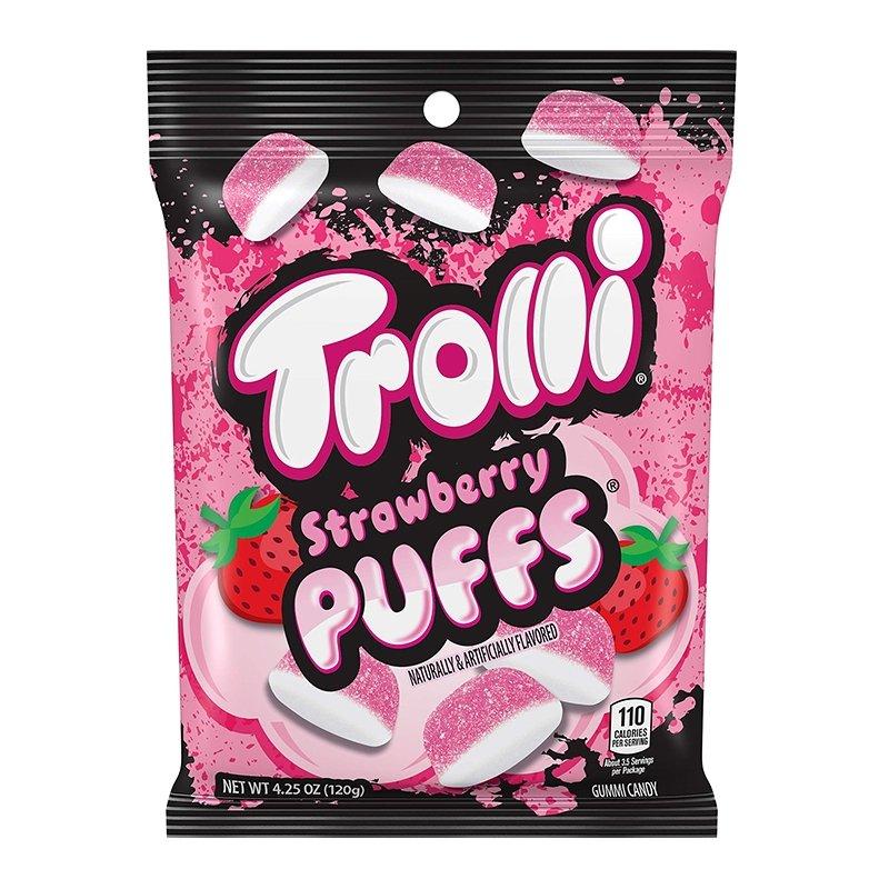Front of a pink bag of Trolli Strawberry Puffs showing the logo, strawberry flavour, and soft gummy pieces (120g pack)