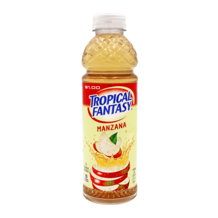 Front of Tropical Fantasy Apple bottle displaying the logo, apple flavour label, and splash effect (591ml pack)