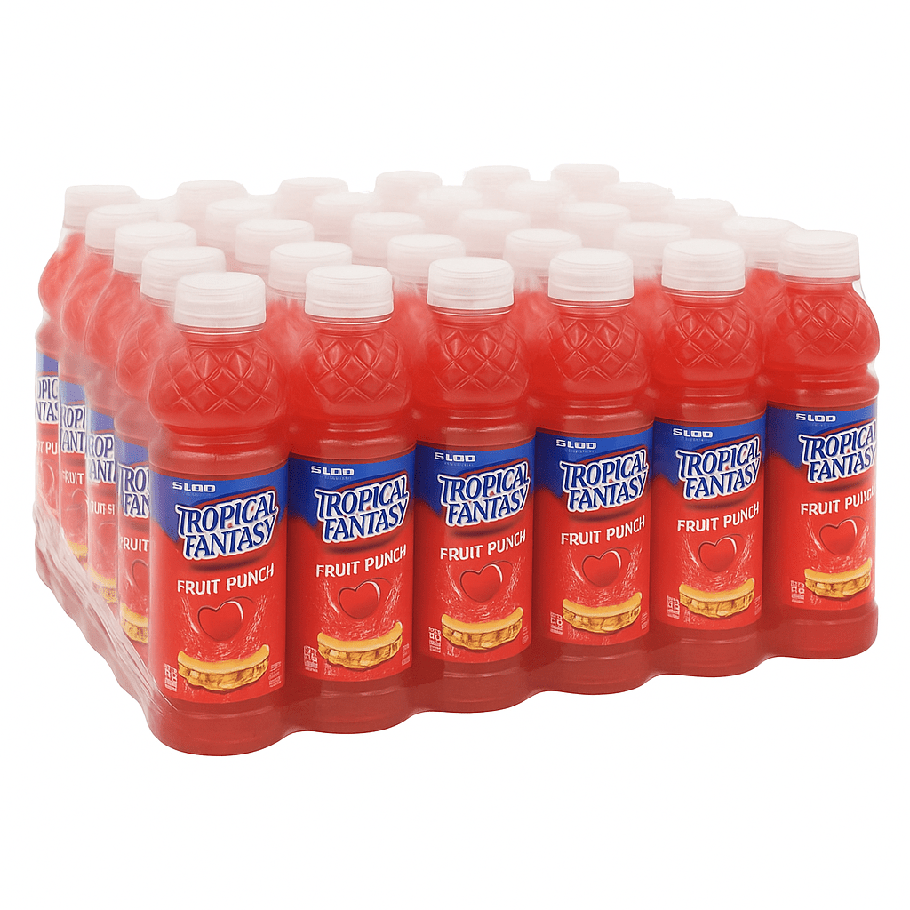 Front of Tropical Fantasy Fruit Punch bottle showing logo and vibrant red drink label, 591ml size in a 24 pack display.