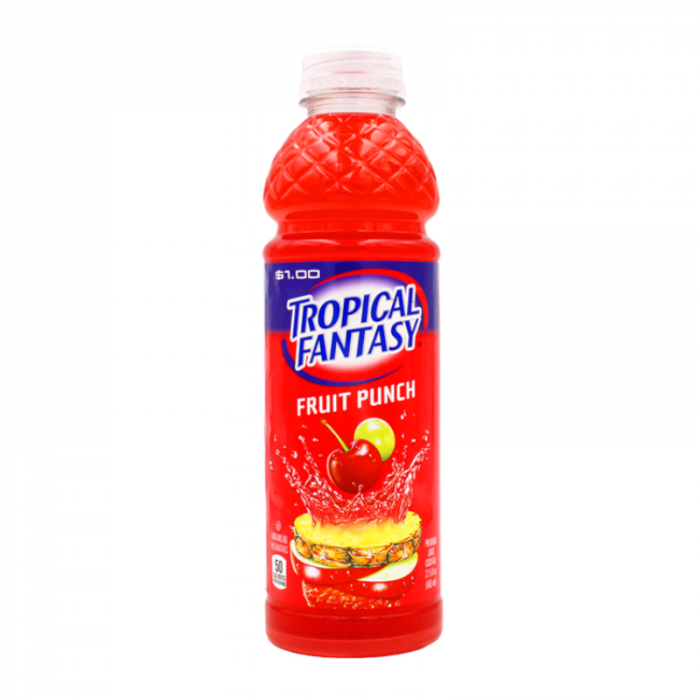 Front of Tropical Fantasy Fruit Punch bottle displaying vibrant red colour, logo, and fruit imagery (591ml pack)