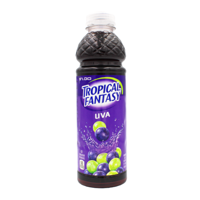 Front of Tropical Fantasy Grape bottle showcasing the logo, vibrant grape design, and 591ml label.