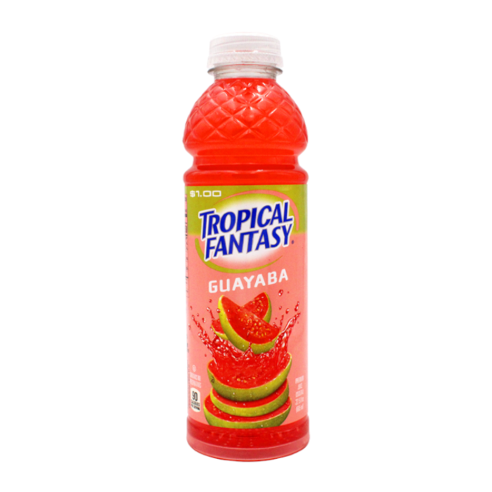 Front of Tropical Fantasy Guava bottle featuring the brand logo, guava flavour label, and vibrant design (591ml pack)