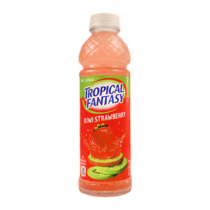 Front of Tropical Fantasy Kiwi Strawberry drink bottle showing bold logo, vibrant strawberry and kiwi imagery, and pack size of 591ml.