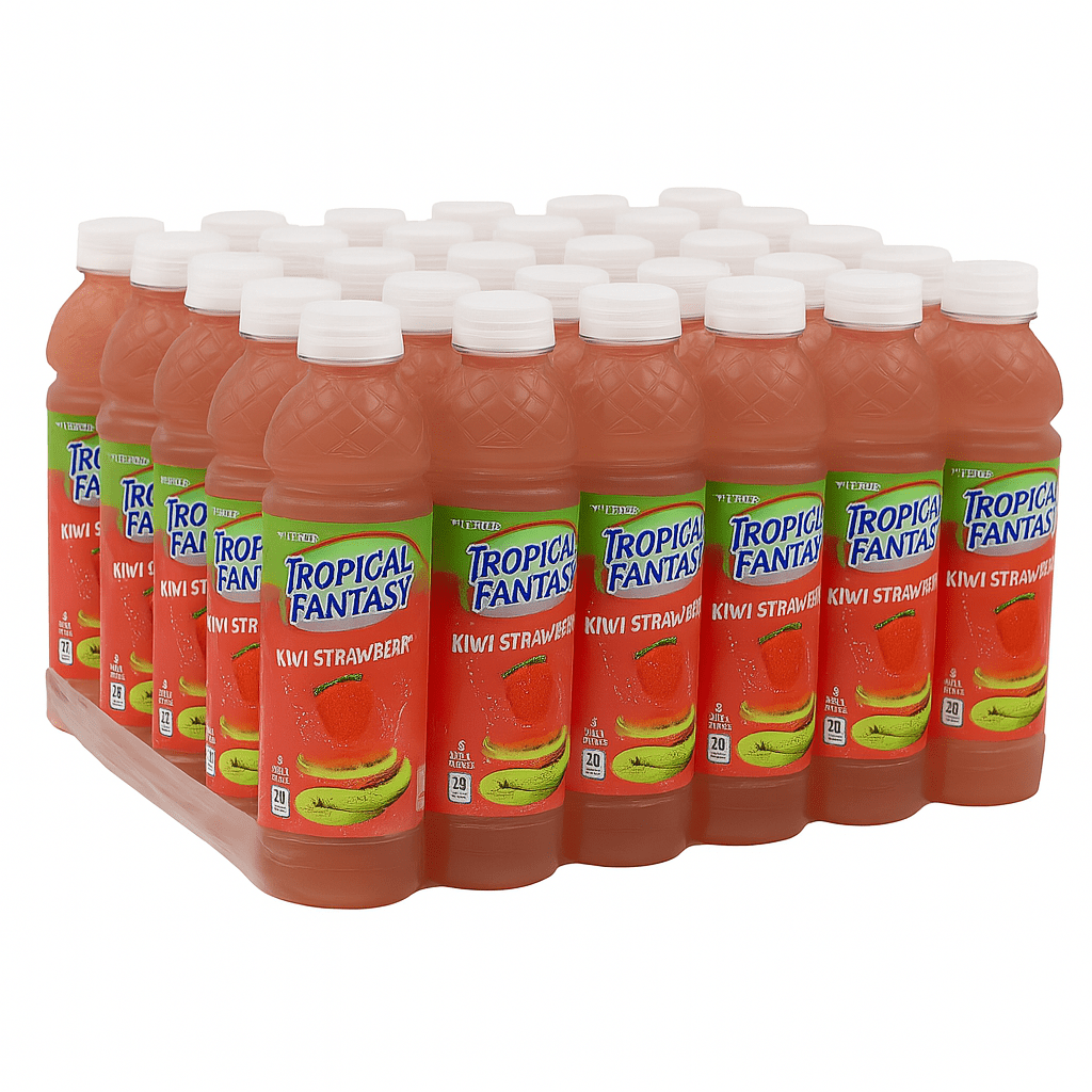 Front of Tropical Fantasy Kiwi Strawberry 591ml bottle featuring bright label and images of kiwi and strawberry, in a 24 pack display.
