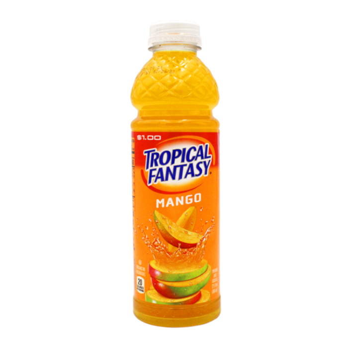 Front of Tropical Fantasy Mango bottle showing bold logo, vibrant mango flavour label, and refreshing imagery (591ml pack)