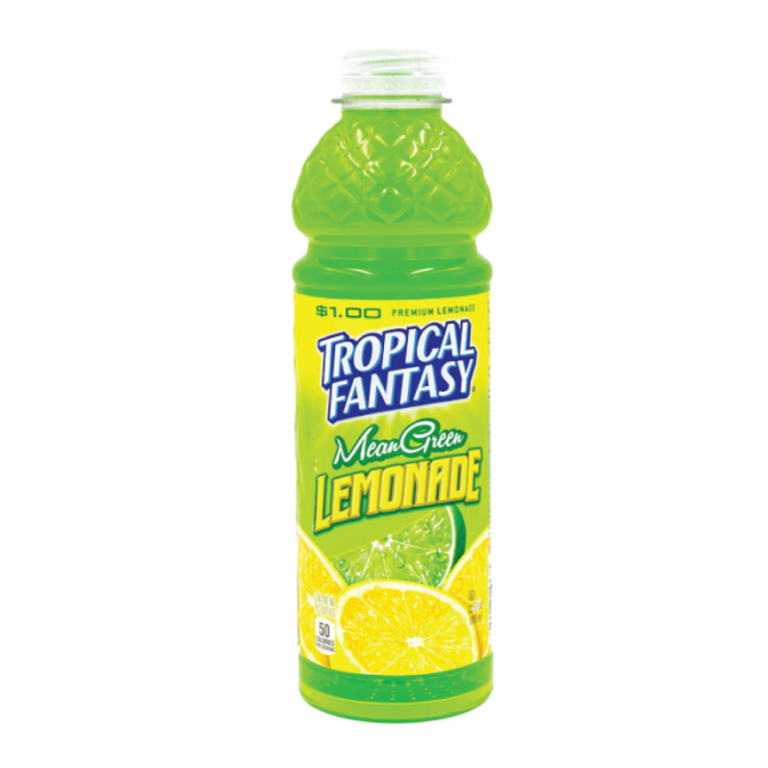 Front of Tropical Fantasy Mean Green Lemonade bottle showing bold blue logo, vibrant green colour, lemon graphics, and 591ml pack size.