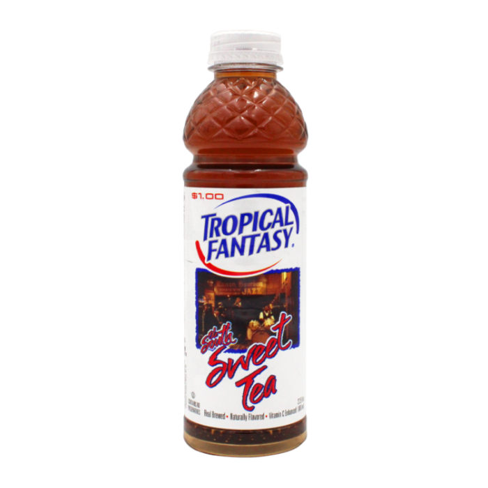 Front of a Tropical Fantasy Sweet Tea bottle featuring logo and sweet tea label, with pack size of 591ml