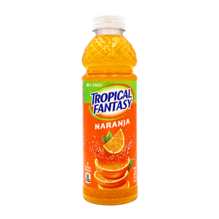 Front of Tropical Fantasy Orange bottle featuring vibrant orange label, logo, and refreshing image of orange slices (591ml).