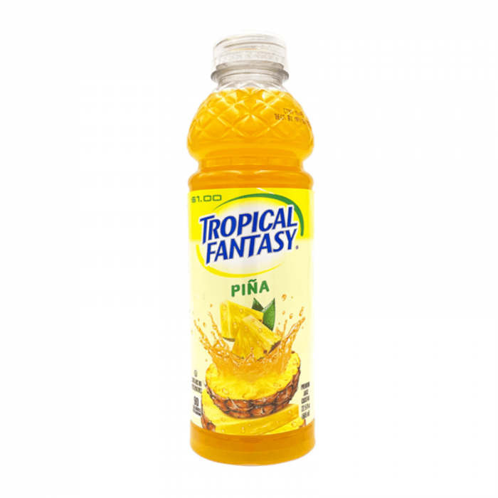 Front of Tropical Fantasy Pineapple bottle showing the bright label with Tropical Fantasy logo, pineapple imagery, and 591ml size.