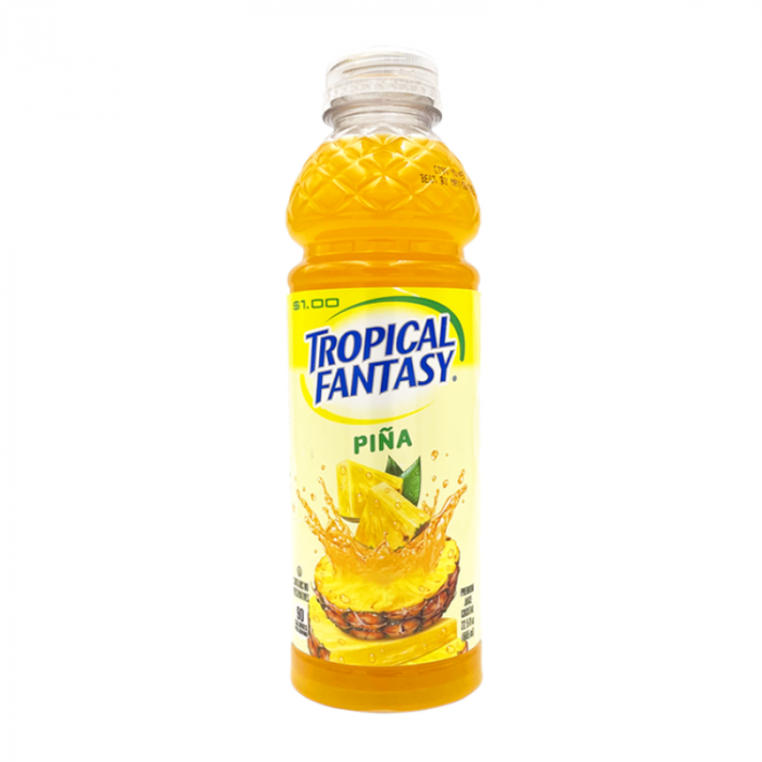 Front of Tropical Fantasy Pineapple bottle showing the bright label with Tropical Fantasy logo, pineapple imagery, and 591ml size.