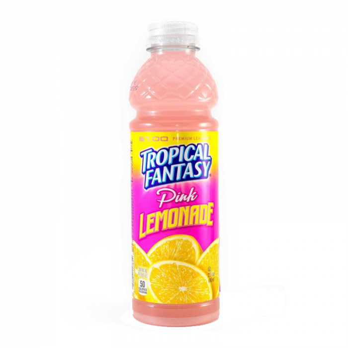 Front of Tropical Fantasy Pink Lemonade bottle featuring bright logo, pink lemonade colour, and lemon slice imagery (591ml pack)