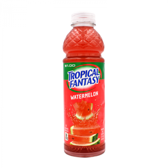 Front of a Tropical Fantasy Watermelon bottle showing bright label, watermelon splash imagery, and 591ml size.