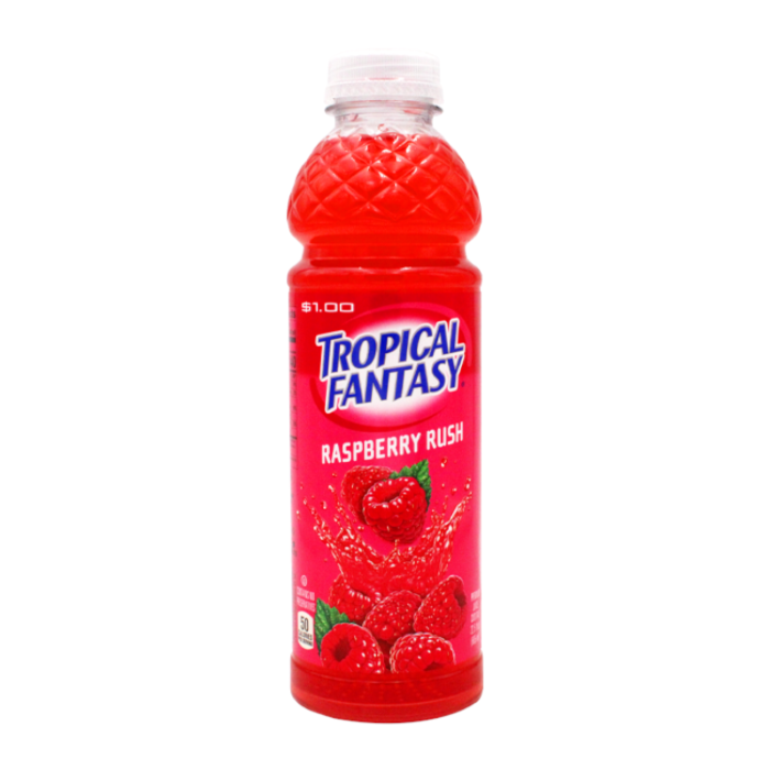 Front of Tropical Fantasy Raspberry Rush bottle showcasing bright pink label, raspberry imagery, and 591ml quantity.