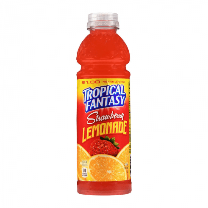 Front of Tropical Fantasy Strawberry Lemonade bottle featuring bright red label with logo, strawberries, and lemons (591ml pack)