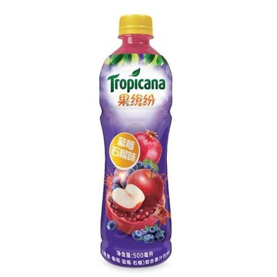 Front of Tropicana Blueberry Pomegranate bottle showing blue and red fruit imagery, Tropicana logo, and 500ml label.