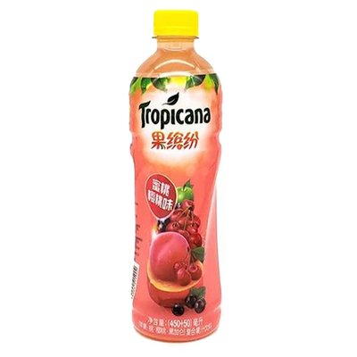 Front of Tropicana Cherry Peach drink bottle featuring vibrant label design, cherry and peach imagery, and 500ml size indication.