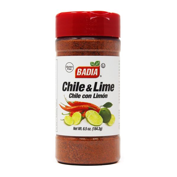 Front of Badia Chile & Lime jar displaying bold logo, spice label, and vibrant imagery of chiles and limes (184.3g pack)