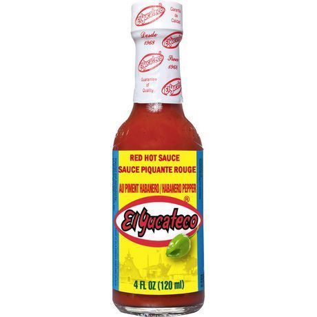 Front of El Yucateco Red Habanero Hot Sauce bottle featuring bold logo, red hot sauce label, and jalapeño image (120ml pack)