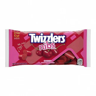 Front of Twizzler Cherry Nibs pack showing the logo, cherry flavour label, and vibrant red candy pieces (63g pack)