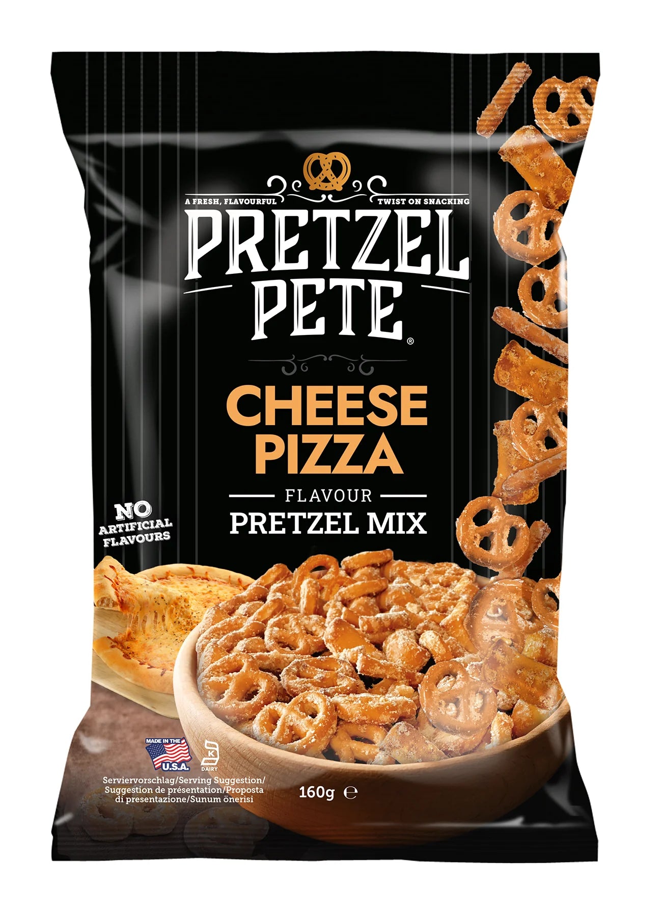 Front of Pretzel Pete Mix Cheese Pizza Pretzel Pieces bag featuring the brand logo, cheese pizza flavour, and 160g pack size.