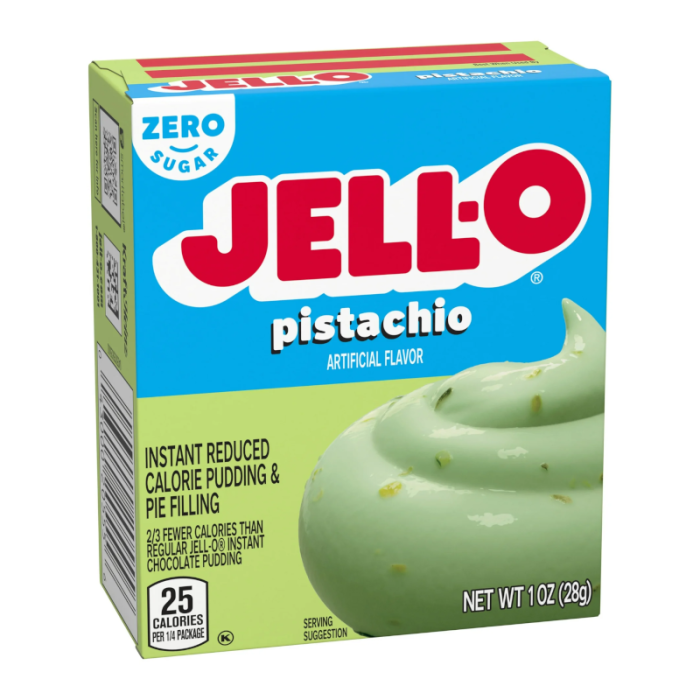 Front of Jell-O Sugar Free Pistachio Pudding Instant Mix box, featuring the logo, pistachio flavour label, and creamy pudding image (28g pack)
