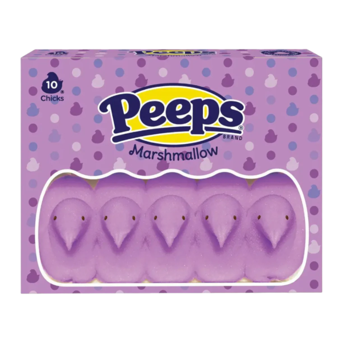 Front of Peeps Lavender Marshmallow Chicks box showing purple marshmallow chicks, brand logo, and pack size (85g)