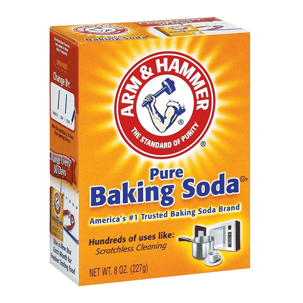 Front of Arm & Hammer Pure Baking Soda box showing bold red logo, product name, and 227g pack size with cleaning tool imagery