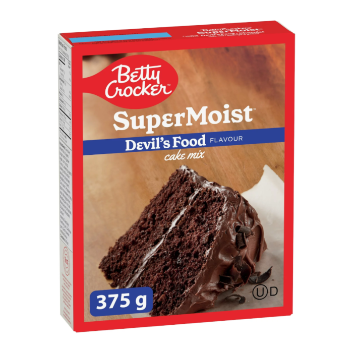 Front of Betty Crocker Devil's Food Cake Mix box showcasing the red logo, cake image, and 375g pack size